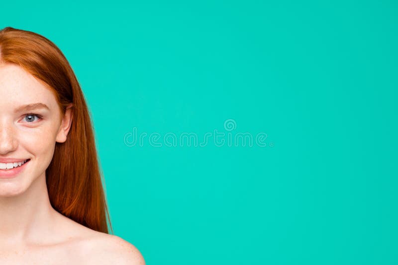 Advertising Concept Half Face Portrait Of Nude Red Girl Shiny Stock