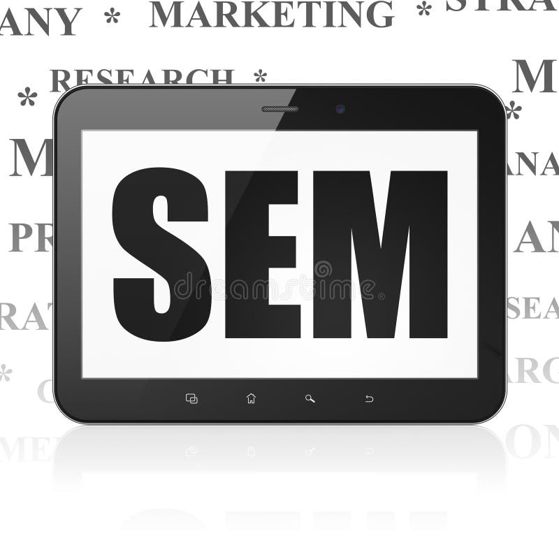 Advertising concept: Tablet Computer with SEM on display. Advertising concept: Tablet Computer with black text SEM on display, Tag Cloud background, 3D rendering