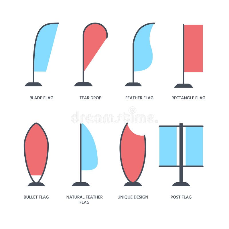 Advertising exhibition bow flags, promotion design elements flat icons. Different shape types - tear drop, blade