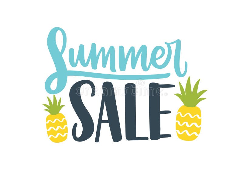 Advertising inscription with handwritten cursive promo text. Hot Summer Sale lettering decorated by pineapple for. Seasonal discount. Flat vector composition royalty free illustration Advertising inscription with handwritten cursive promo text. Hot Summer Sale lettering decorated by pineapple for. Seasonal discount. Flat vector composition royalty free illustration
