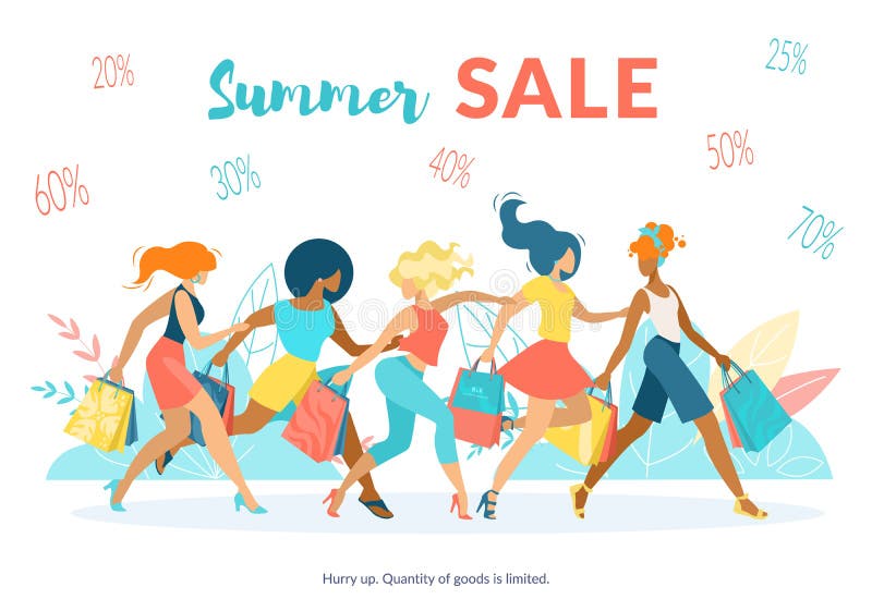 Advertising Poster Inscription Summer Sale Flat. Banner Young Women Rush to Sale. Flyer Girls Fashionable Clothes Carry Shopping Bags. Hurry Up. Quanity Goods vector illustration Advertising Poster Inscription Summer Sale Flat. Banner Young Women Rush to Sale. Flyer Girls Fashionable Clothes Carry Shopping Bags. Hurry Up. Quanity Goods vector illustration