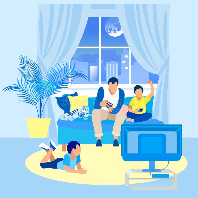 Advertising Poster, Part Family Relaxing Together. Dad and Sons Sitting Couch and Playing Console. One Child Lies on Floor and Watches Game. Cat is Resting next to his Father and there Flowerpot. Advertising Poster, Part Family Relaxing Together. Dad and Sons Sitting Couch and Playing Console. One Child Lies on Floor and Watches Game. Cat is Resting next to his Father and there Flowerpot