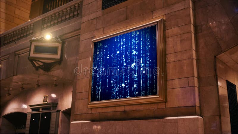 Advertising on the wall of a building, screen with abstract motion of particles on a blue background stock illustration
