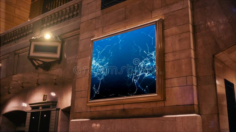 Advertising on the wall of a building, screen with abstract motion of particles on a blue backgroundadvertisement on a building wa royalty free illustration