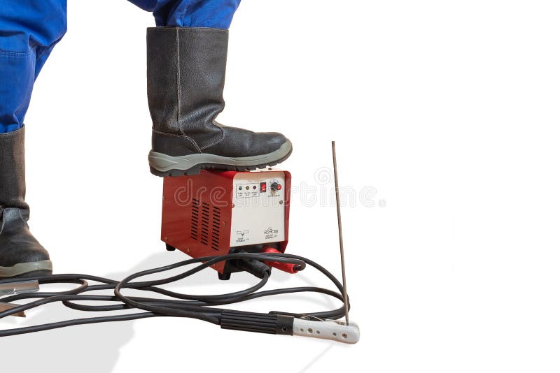 The advertizing image of a lower body of the worker with the welding tool.