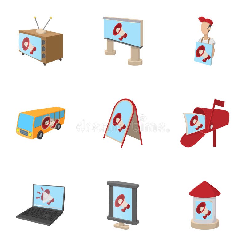 Advertizinggodssymboler uppsättning, tecknad filmstil stock illustrationer