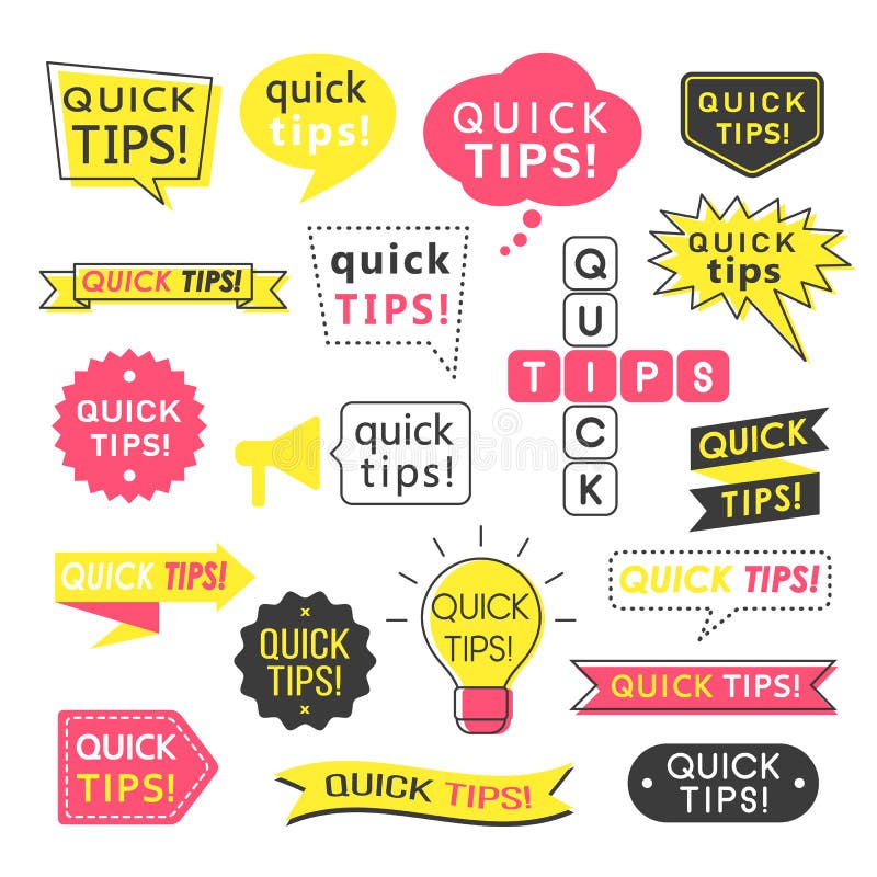 Advice, quick tips, helpful tricks and suggestions logos, emblems and banners isolated on white.