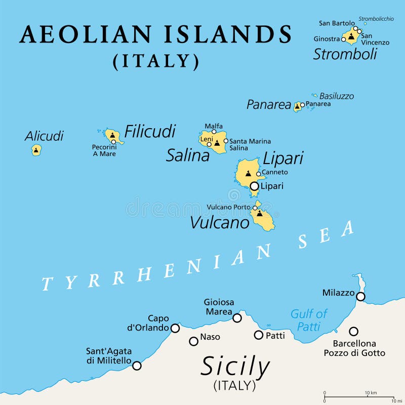 Aeolian Islands, Volcanic Archipelago North of Sicily, Political Map ...