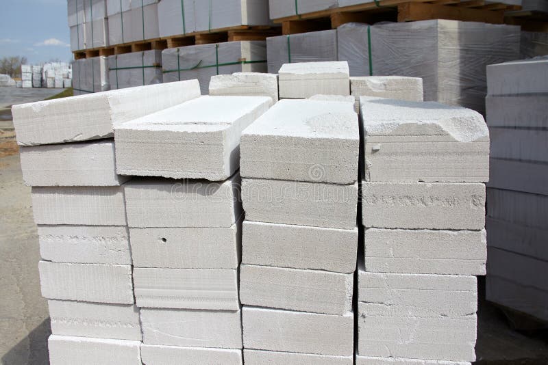 Aerated Concrete Blocks on Pallets Stored at Warehouse Stock Image