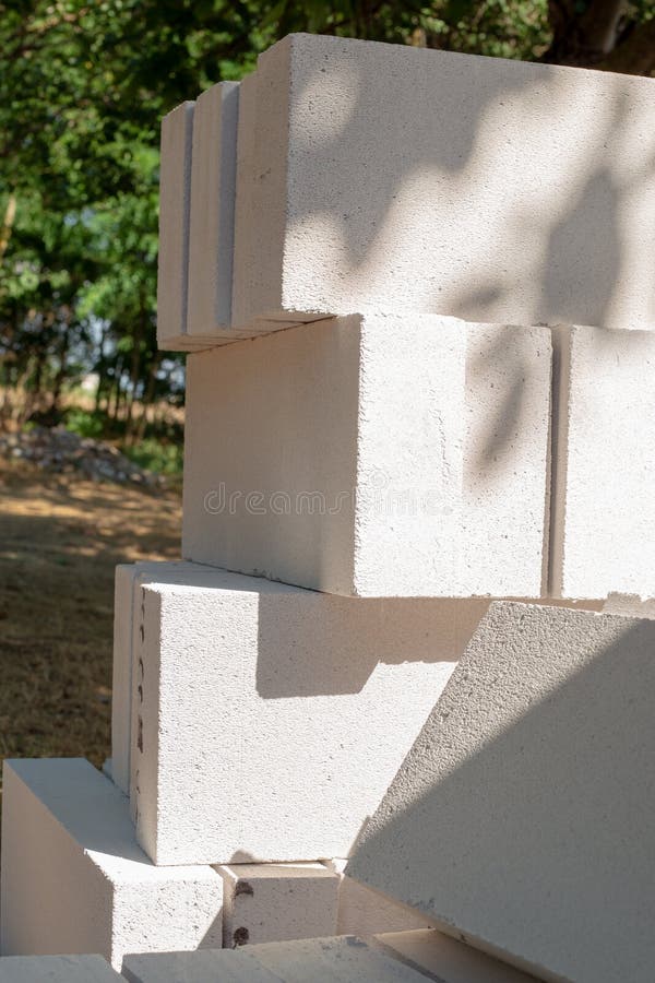Aerated Concrete Blocks are Stacked. Durable Material for Building