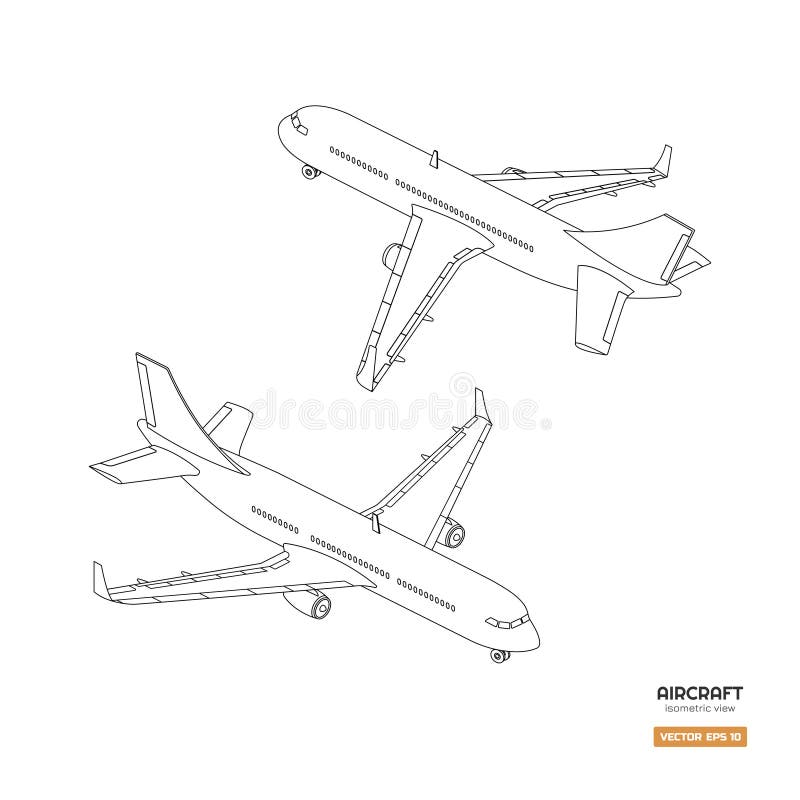 Aerei isometrici civili nello stile del profilo Modello industriale dell'aeroplano Vista anteriore e posteriore Icona piana di co illustrazione vettoriale