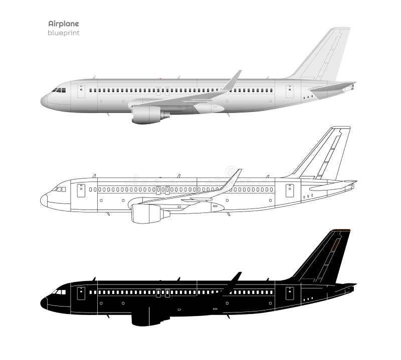 Aerei nello stile del profilo e realistico Siluetta nera dell'aereo Vista laterale dell'aeroplano Modello isolato industriale royalty illustrazione gratis