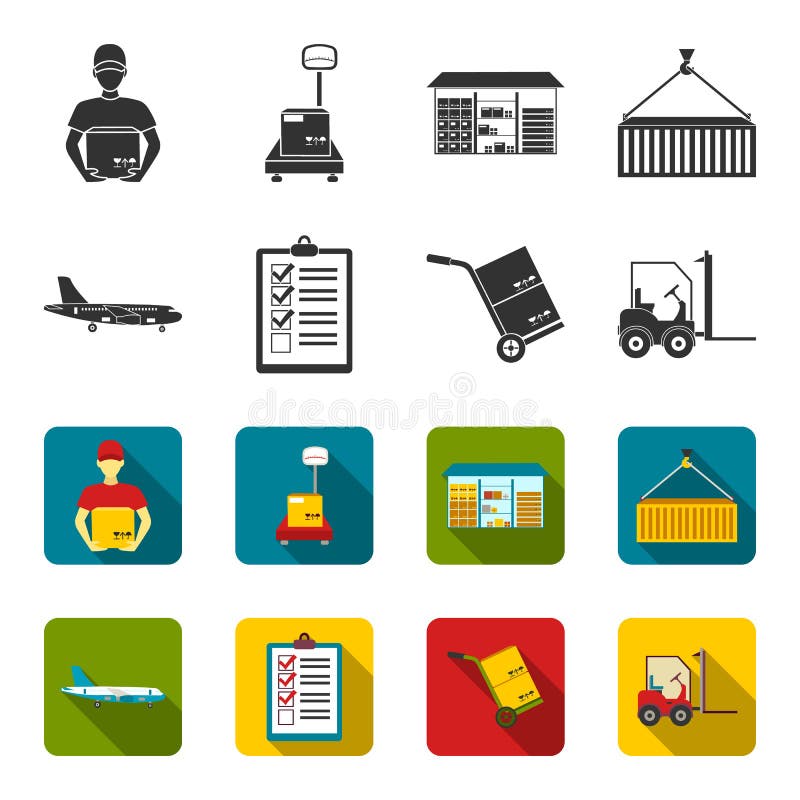 Aereo da carico, carretto per trasporto, scatole, carrello elevatore, documenti Logistico, metta le icone della raccolta nel nero illustrazione di stock Aereo da carico, carretto per trasporto, scatole, carrello elevatore, documenti Logistico, metta le icone della raccolta nel nero illustrazione di stock