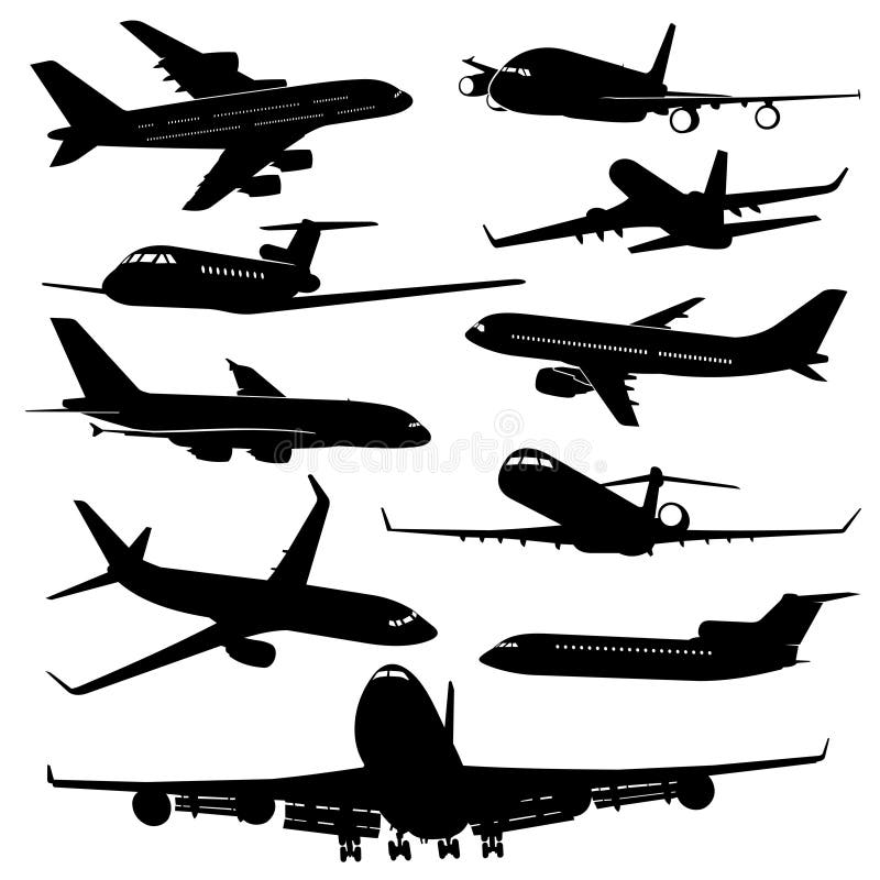Aereo di aria, siluette di vettore del jet degli aerei illustrazione di stock Aereo di aria, siluette di vettore del jet degli aerei illustrazione di stock