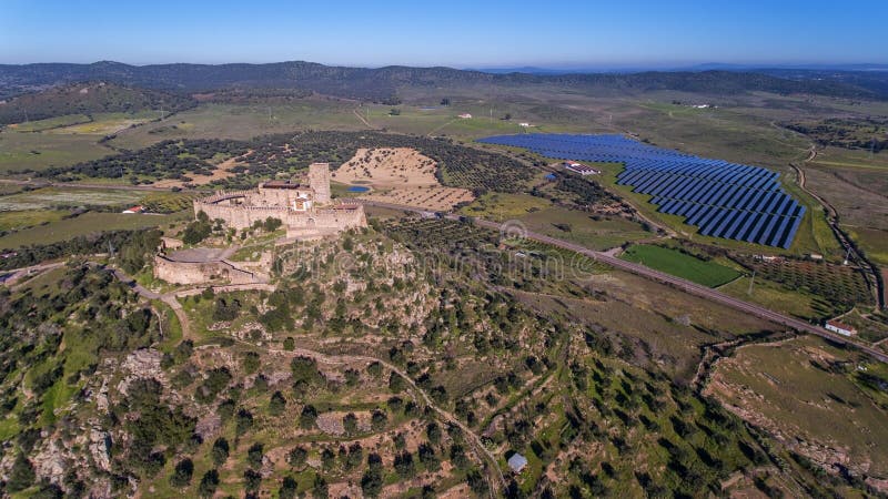 Aerial. Ancient Spanish castle Miraflores, in the town Alconchel, Badajoz. stock photo Aerial. Ancient Spanish castle Miraflores, in the town Alconchel, Badajoz. stock photo
