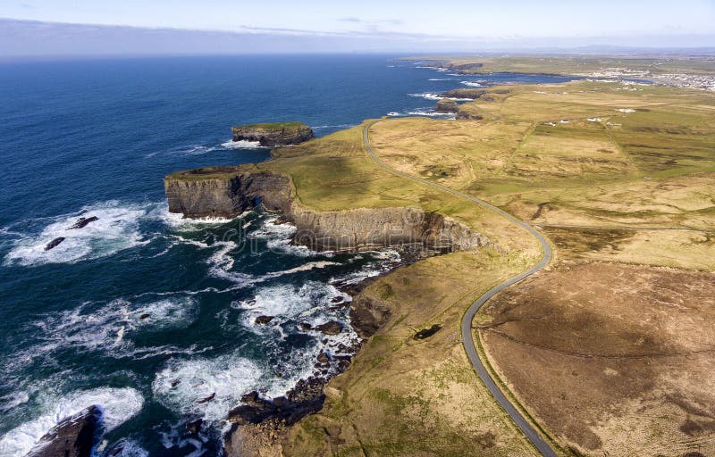 Aerial birds eye view Loop Head Peninsula landscape, along the wild atlantic way in West Clare Ireland