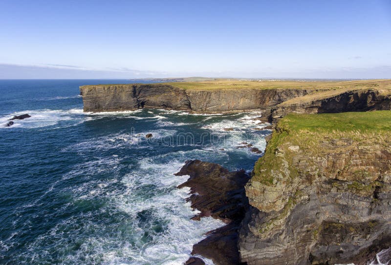 Aerial birds eye view Loop Head Peninsula landscape, along the wild atlantic way in West Clare Ireland