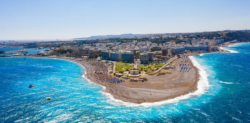 Aerial birds eye view photo taken by drone of Rhodes island town Elli beach popular summer tourist destination