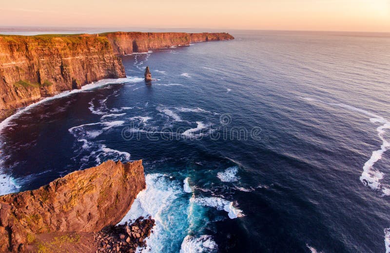 Aerial birds eye view from the world famous cliffs of moher in county clare ireland. beautiful irish scenic landscape.