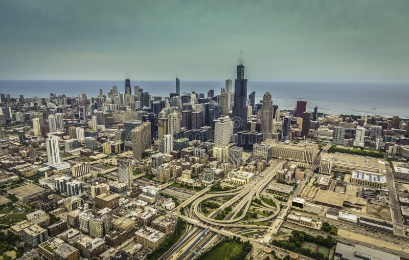 Aerial Chicago skyline stock images
