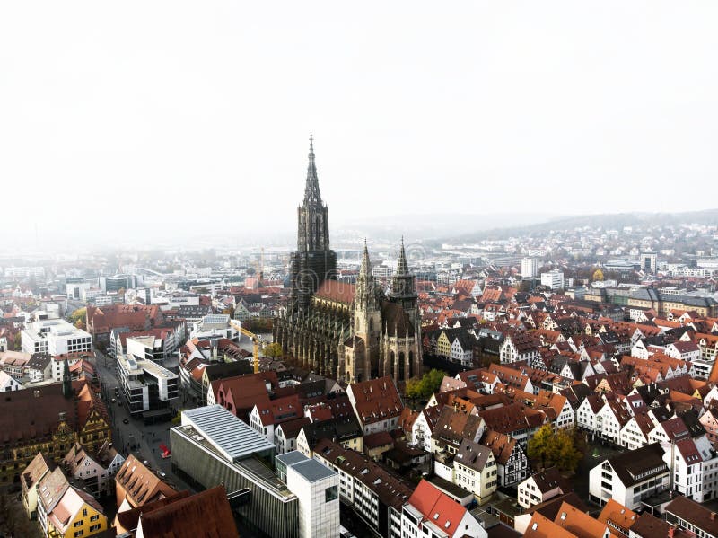 Aerial cityscape panorama view of Ulm city at Danube river with Ulmer Munster Cathedral in Baden-Wurttemberg Germany Europe