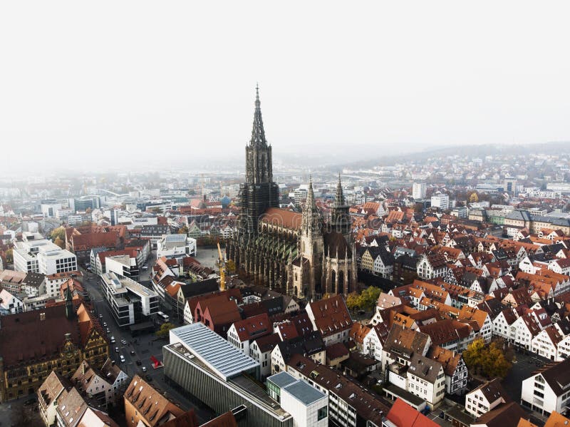 Aerial cityscape panorama view of Ulm city at Danube river with Ulmer Munster Cathedral in Baden-Wurttemberg Germany Europe