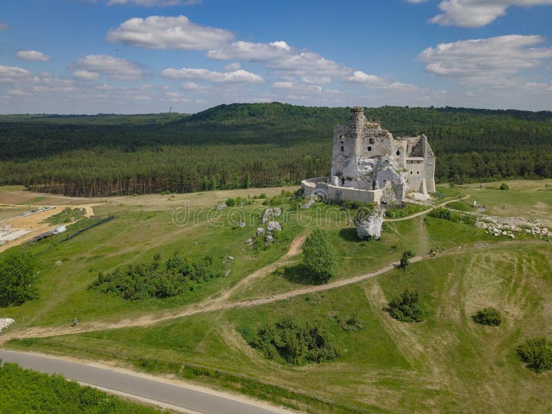 Aerial of defense castle ruins in Poland