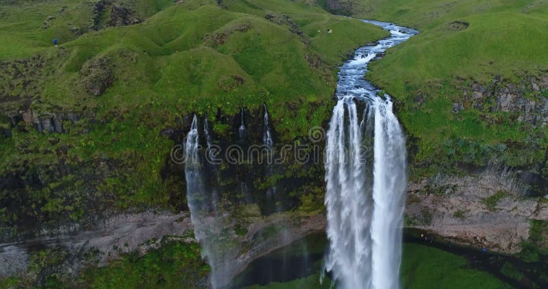 Aerial drone footage of waterfall Seljalandsfoss on Iceland in Icelandic nature