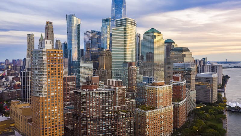 Aerial drone hyperlapse of New York skyline at dusk