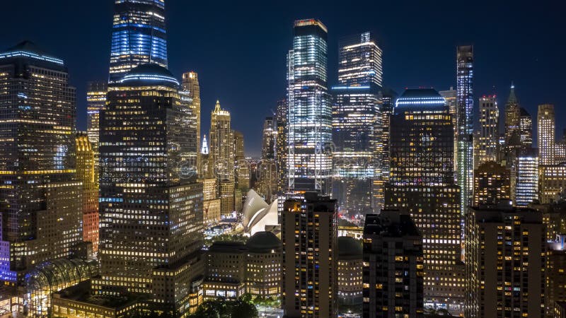 Aerial drone hyperlapse of New York skyline at night