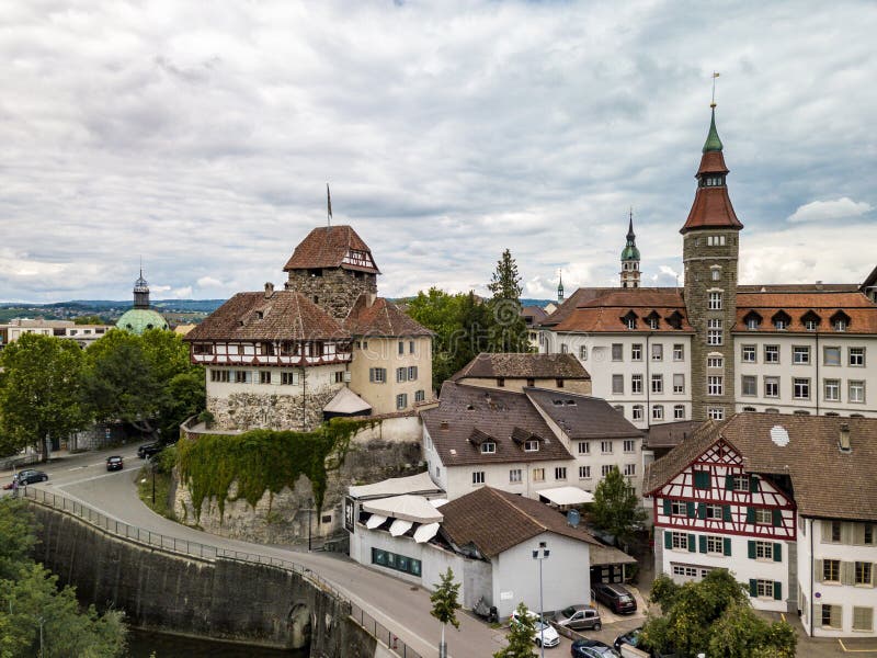 Aerial drone image of the Castle built in 13th century in Frauenfeld royalty free stock image