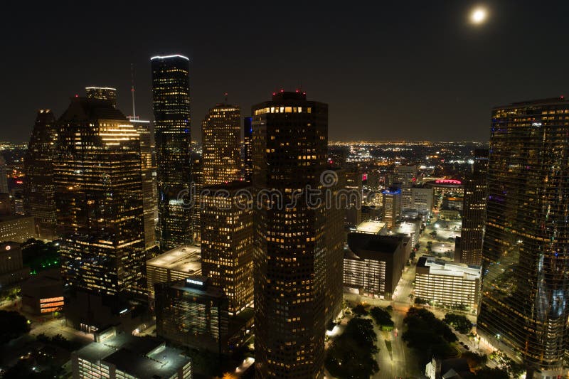Aerial Drone Image of Houston Texas at Night Stock Photo Image of