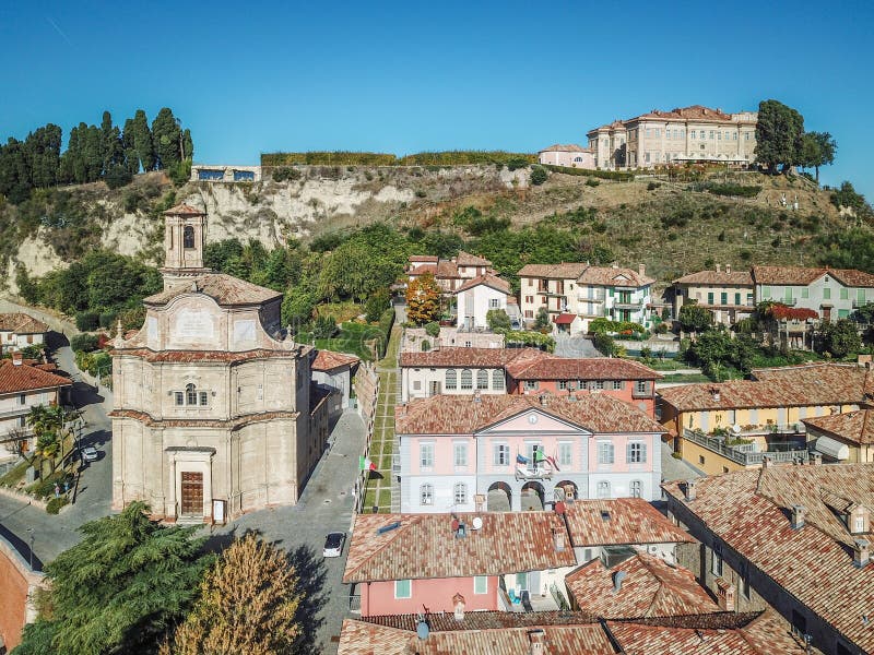 Aerial drone photo of Guarene castle and city in Northern Italy, langhe and roero region