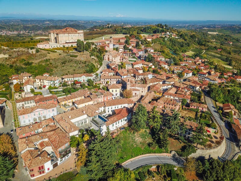 Aerial drone photo of Guarene castle and city in Northern Italy, langhe and roero region