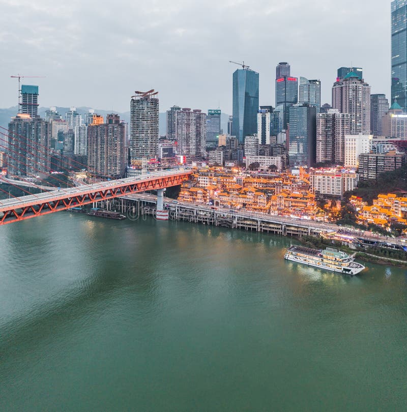 Dec 22, 2019 - Chongqing, China: Aerial drone shot of Hong Ya Dong cave by Jialing river