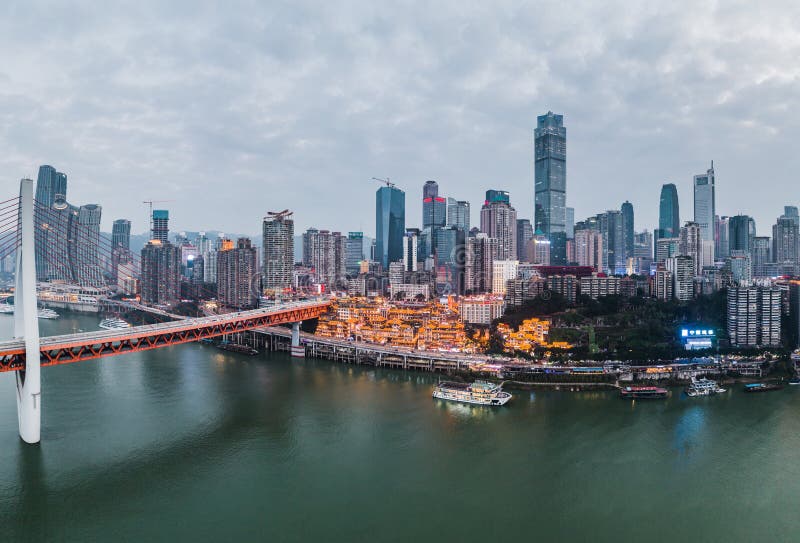 Dec 22, 2019 - Chongqing, China: Aerial drone shot of Hong Ya Dong cave by Jialing river