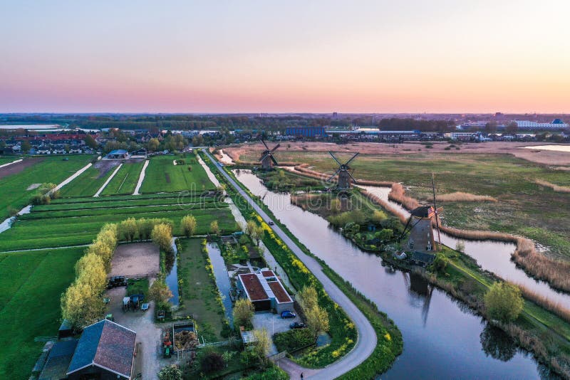 Aerial drone shot view of Kinderdijk Wind Mills in the filed near Rotterdam in Netherlands