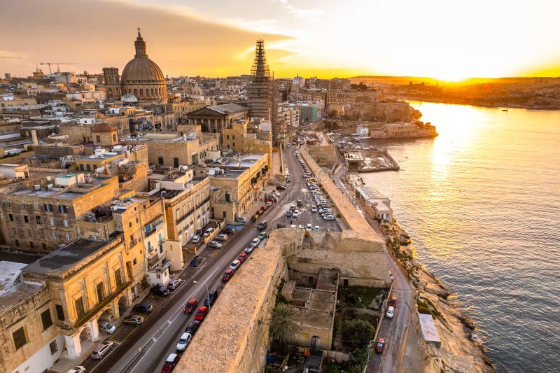 Aerial Drone Skyline of Valletta at Sunset, Malta Stock Image Image