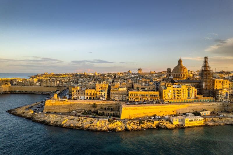 Aerial Drone Skyline of Valletta at Sunset, Malta Stock Image Image