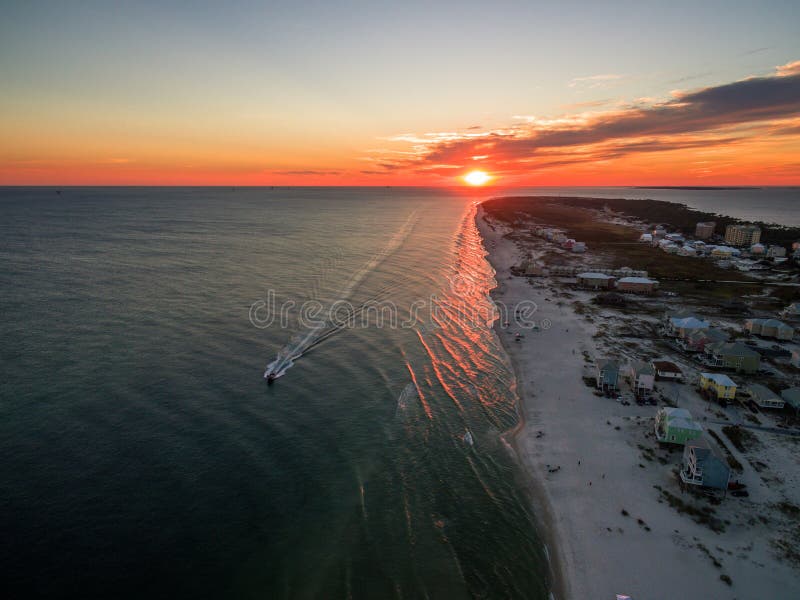 Aerial Drone Sunset Photo - Ocean & Beaches of Gulf Shores / Fort Morgan Alabama