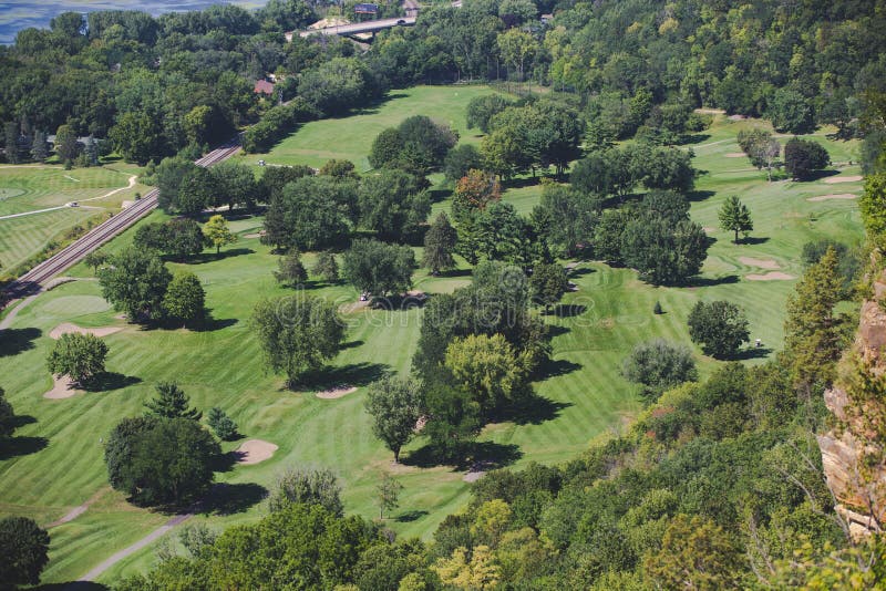 Aerial Drone View of a Golf Course and Trees in La Crosse Stock Image