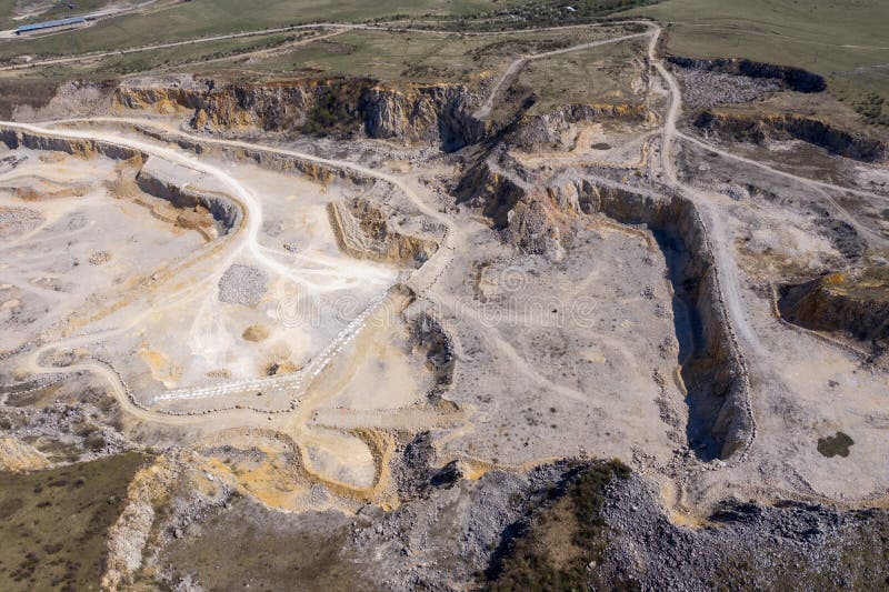 Aerial Drone View of a Limestone Quarry, Open Pit Mine Stock Image