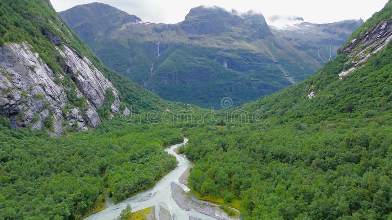 Aerial drone view of a narrow glacial river through a dense green forest in Brenndalsbreen valley stock video