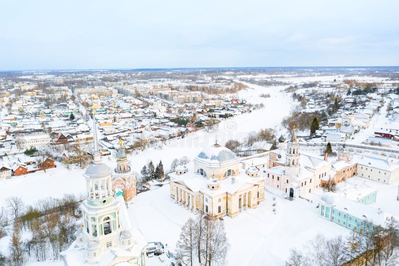 Aerial drone view of Novotorzhsky Borisoglebsky Monastery with Tvertsa river in Torzhok, Russia. Russian winter landscape