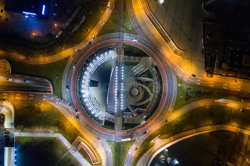 Aerial drone view of roundabout in Katowice at night. royalty free stock photography Aerial drone view of roundabout in Katowice at night. royalty free stock photography