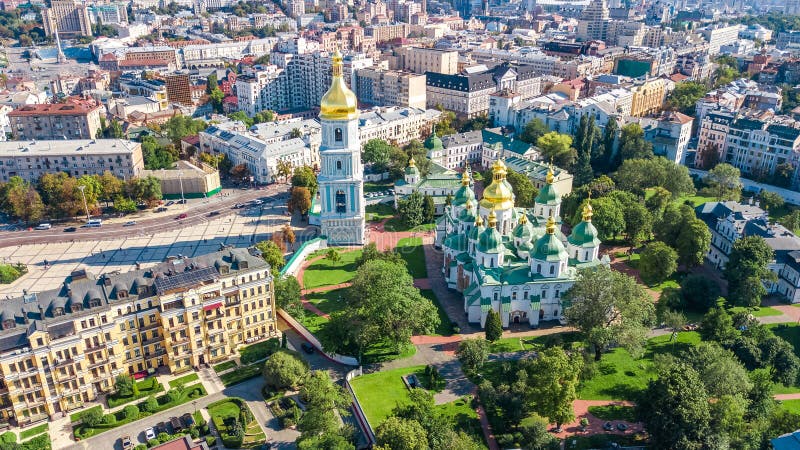 Aerial drone view of St Sophia cathedral and Kiev city skyline from above, Kyiv cityscape, Ukraine