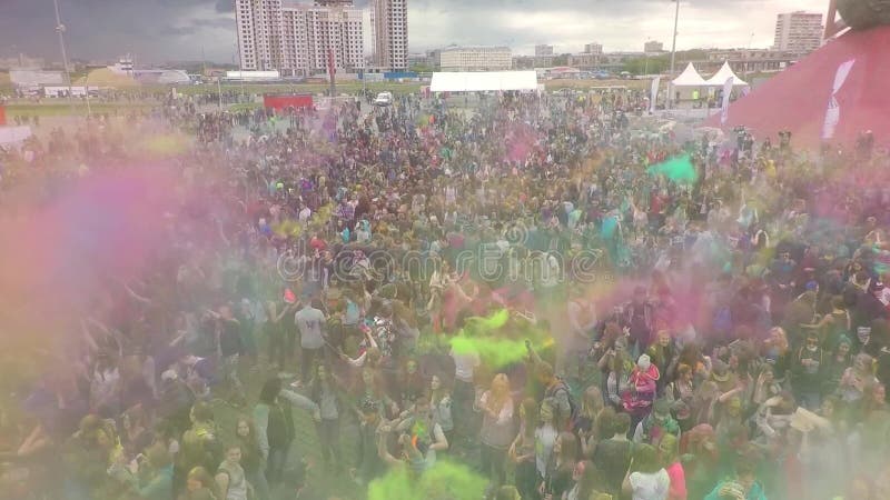 Aerial Flight Above Dancing People Crowd On Holi Festival Of Colors