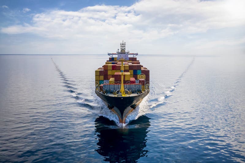 Aerial front view of a loaded container cargo vessel stock photography