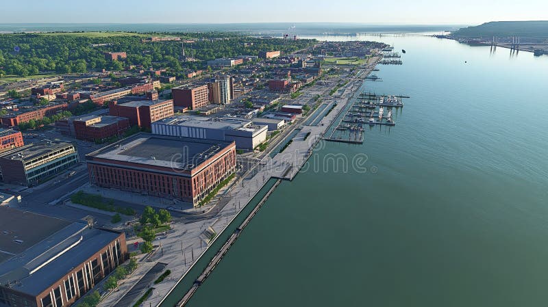 Aerial GIS visualization of an urban riverfront featuring LiDAR data of elevation docks and infrastructure. royalty free illustration