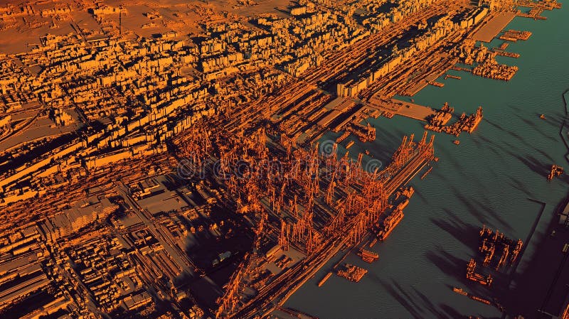 Aerial GIS visualization of an urban riverfront featuring LiDAR data of elevation docks and infrastructure. stock illustration